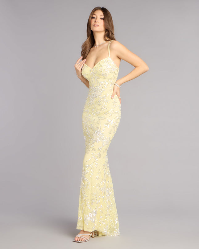Discover a formal dress like the Irie Sequin Lace Mermaid Formal Dress in yellow featuring a flattering fit, smooth fabric, and refined design for any formal occasion.