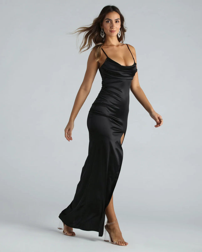 Make a bold statement in the Laverne Formal Satin Lace-Up Column Dress in black, the perfect dress for Prom 2026, formal wedding guest attire, or military ball.