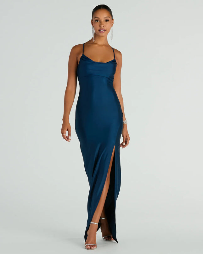 Natalie Cowl Neck Lace-Up Slit Column Dress