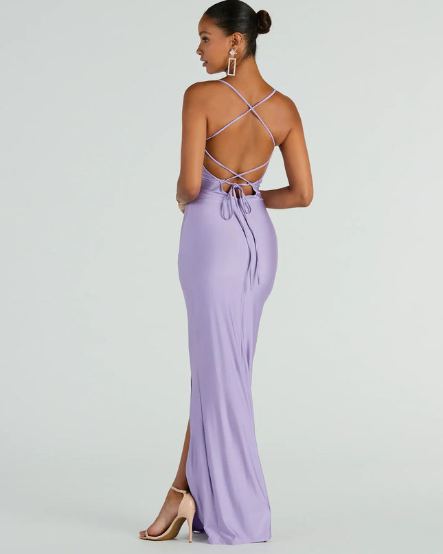 Natalie Cowl Neck Lace-Up Slit Column Dress