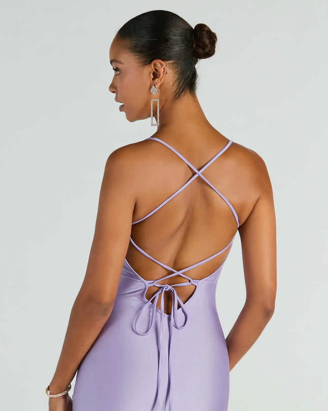 Natalie Cowl Neck Lace-Up Slit Column Dress