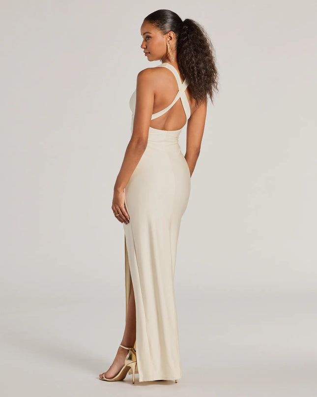 Jenn V-Neck Strappy Back Slit Long Formal Dress