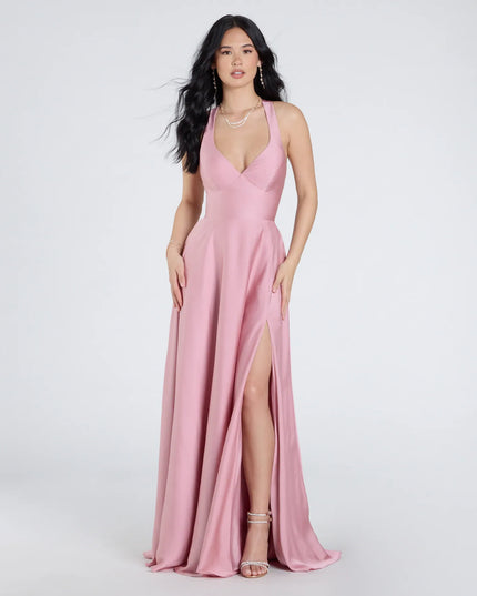 Abbey Lace-Up Slit A-Line Satin Formal Dress