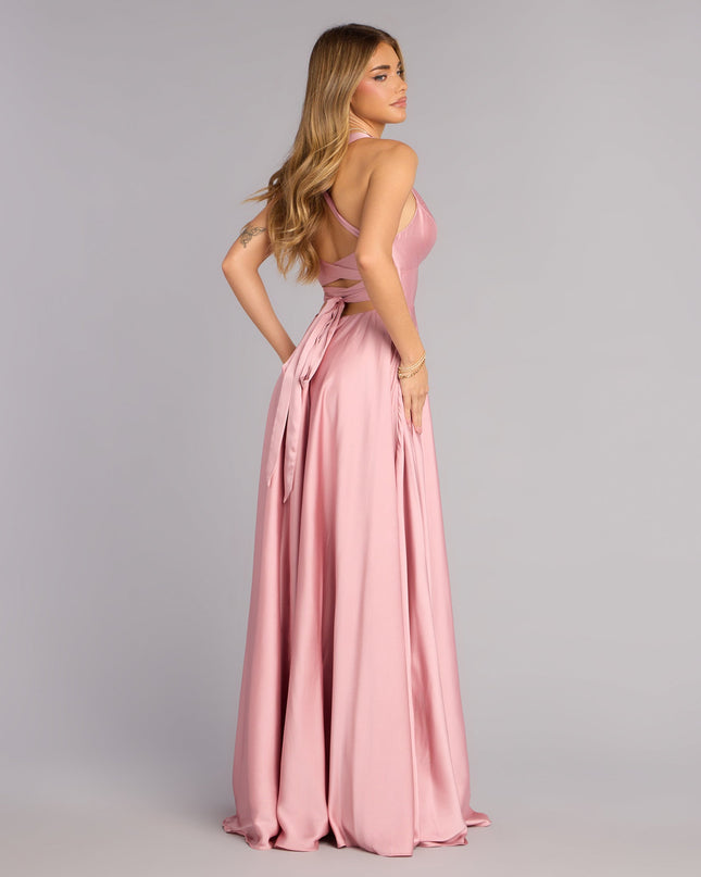 Abbey Lace-Up Slit A-Line Satin Formal Dress