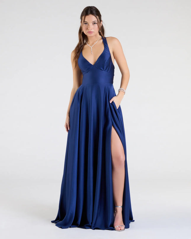 Abbey Lace-Up Slit A-Line Satin Formal Dress