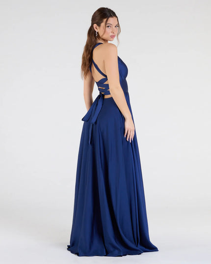 Abbey Lace-Up Slit A-Line Satin Formal Dress