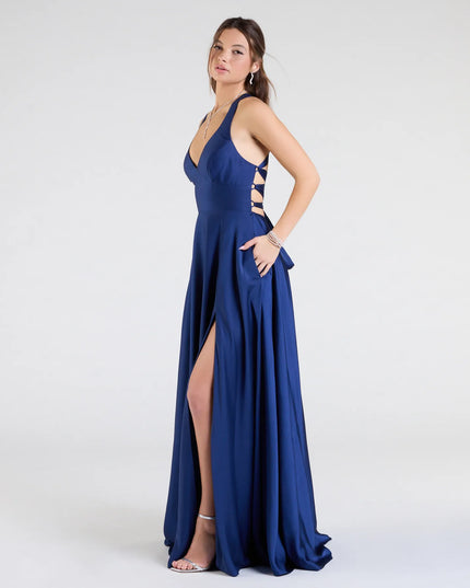 Abbey Lace-Up Slit A-Line Satin Formal Dress