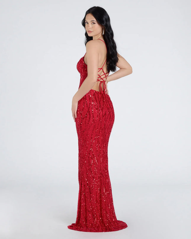 Own your moment in the Mckenna Lace-Up Slit Sequin Beaded Formal Dressin red, a standout 2026 Homecoming Dress that captures all the glam and energy of the night.