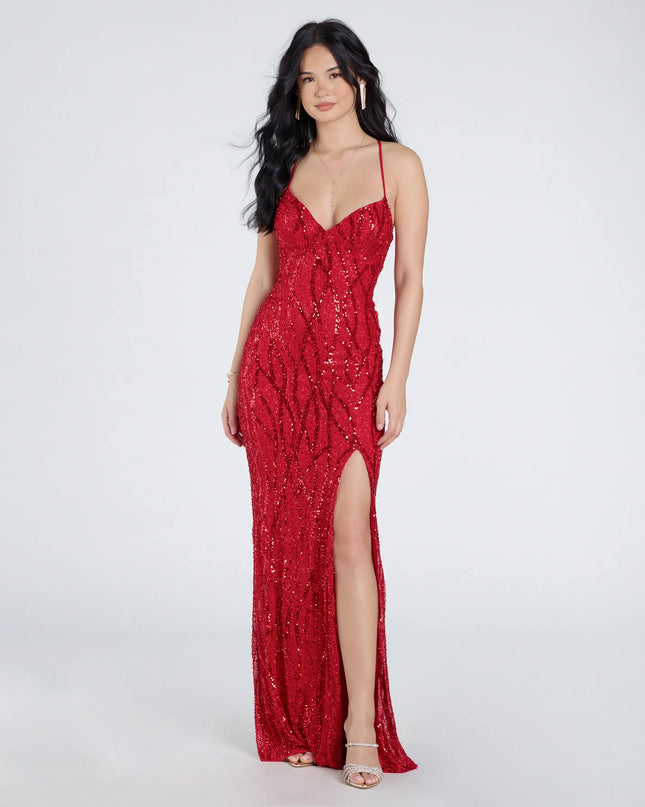 Flaunt your silhouette in the tight Mckenna Lace-Up Slit Sequin Beaded Formal Dress in red, a bodycon dress that empowers your look with bold style and effortless edge.