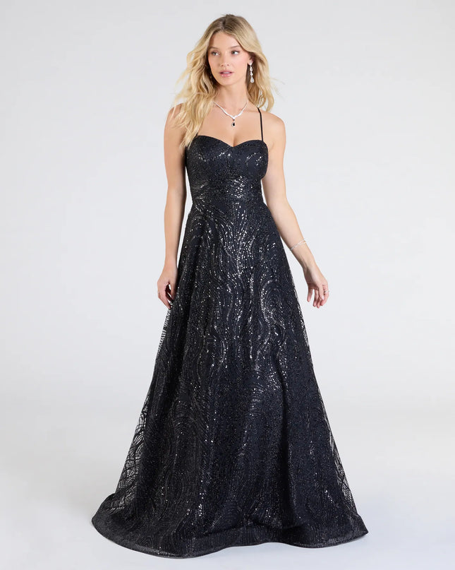 Own the spotlight in the Klaire Lace-Up A-Line Glitter Sequin Formal Dress, a black formal dress crafted to deliver luxe style for summer weddings, Army Balls, or any special event.