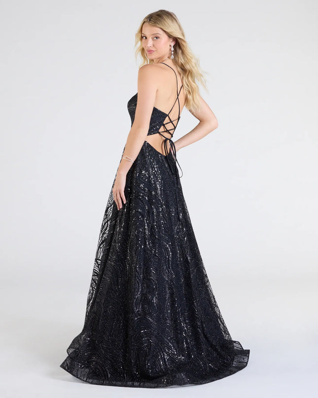 The Klaire Lace-Up A-Line Glitter Sequin Formal Dress is a show-stopping black prom dress, offering a sleek, slimming silhouette that enhances your natural beauty for an unforgettable night.