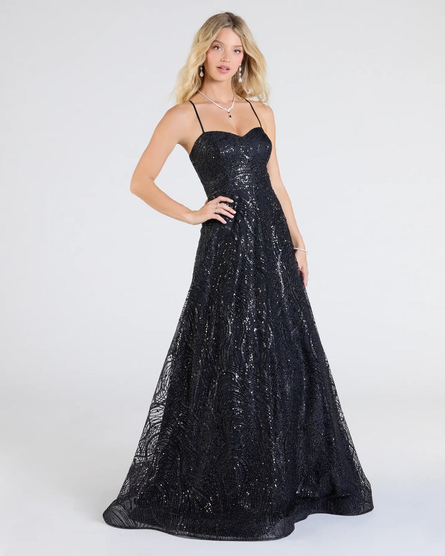 The Klaire Lace-Up A-Line Glitter Sequin Formal Dress is a show-stopping black prom dress, offering a sleek, slimming silhouette that enhances your natural beauty for an unforgettable night.