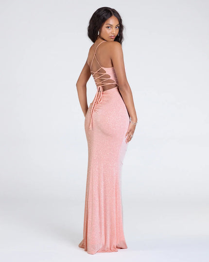 Make a bold statement in the Diane Lace-Up Slit Mermaid Glitter Formal Dress in peach, the perfect Windsor dress for weddings, cocktail hours, nights out, and/or seasonal celebrations.