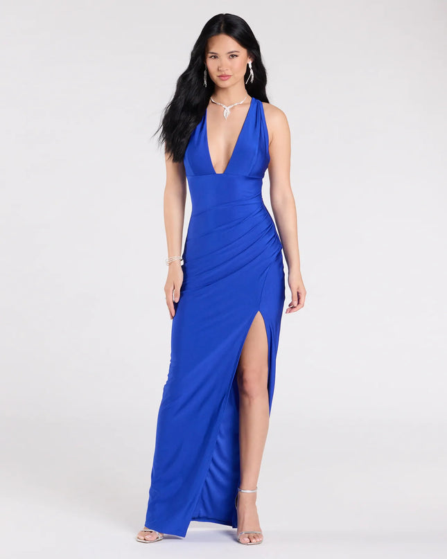 Jenn V-Neck Strappy Back Slit Long Formal Dress