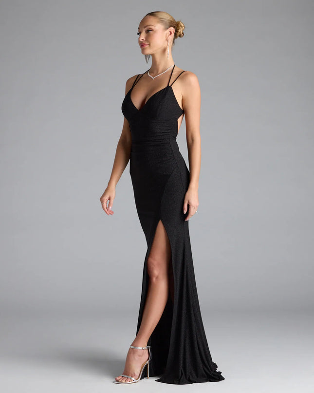 Ariadna Strappy Open Back Slit Glitter Formal Dress