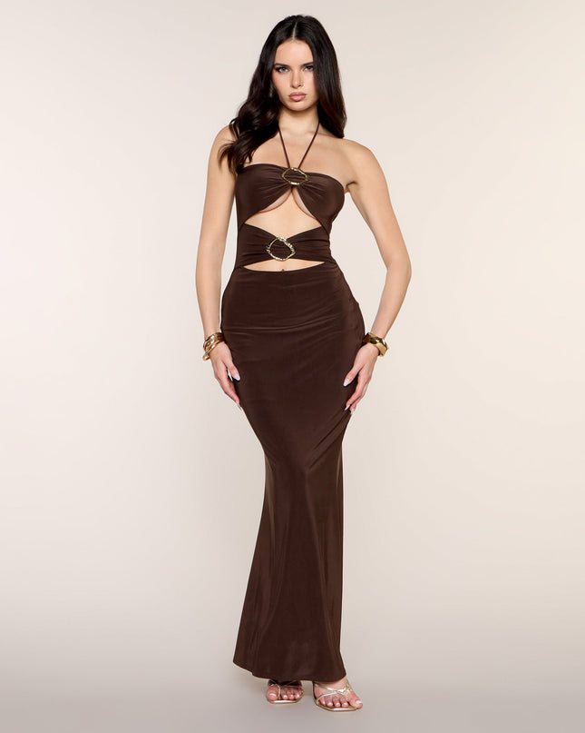 Sleek Hardware Cutout Halter Maxi Dress
