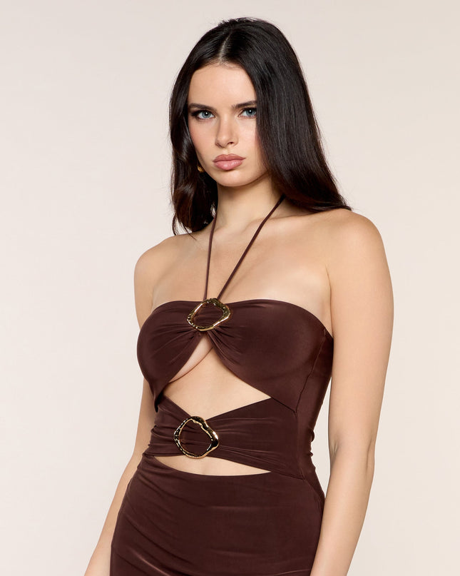 Sleek Hardware Cutout Halter Maxi Dress