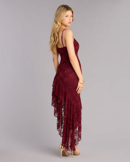 Style a midi dress like RSVP Ready Lace Asymmetric Ruffle Midi Dress in wine with a balanced silhouette, comfortable fit, and versatile design for any occasion.