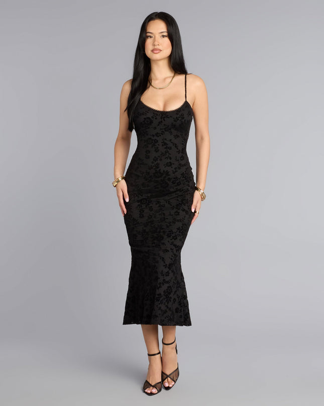 Elevate your look with a midi dress like the Barely Blushing Velvet Mesh Midi Dress in black, featuring a flattering mid-length silhouette and effortless, polished style.