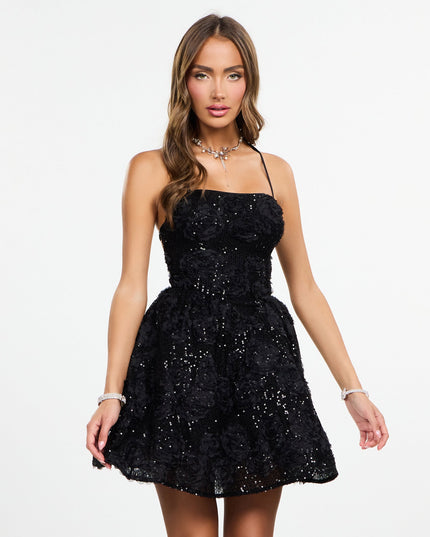 Sparkling Floral Sequin Lace-Up Dress