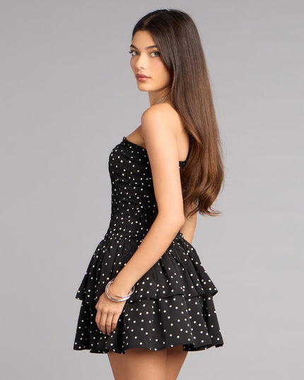 Wear a black skater dress for your spring plans like the Cute Entrance Polka Dot Ruffle Skater Dress designed with a flared skirt, defined waist, and feminine style for effortless movement.