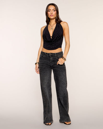 Sultry Shine Studded Cowl Neck Halter Top