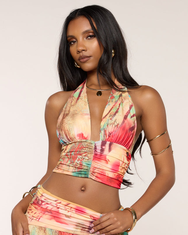 Destination Glam Abstract Print Halter Top