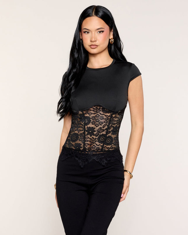 Sheer Detail Floral Lace Short Sleeve Tee