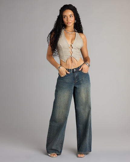 Lace Me Up Faux Leather Halter Crop Top