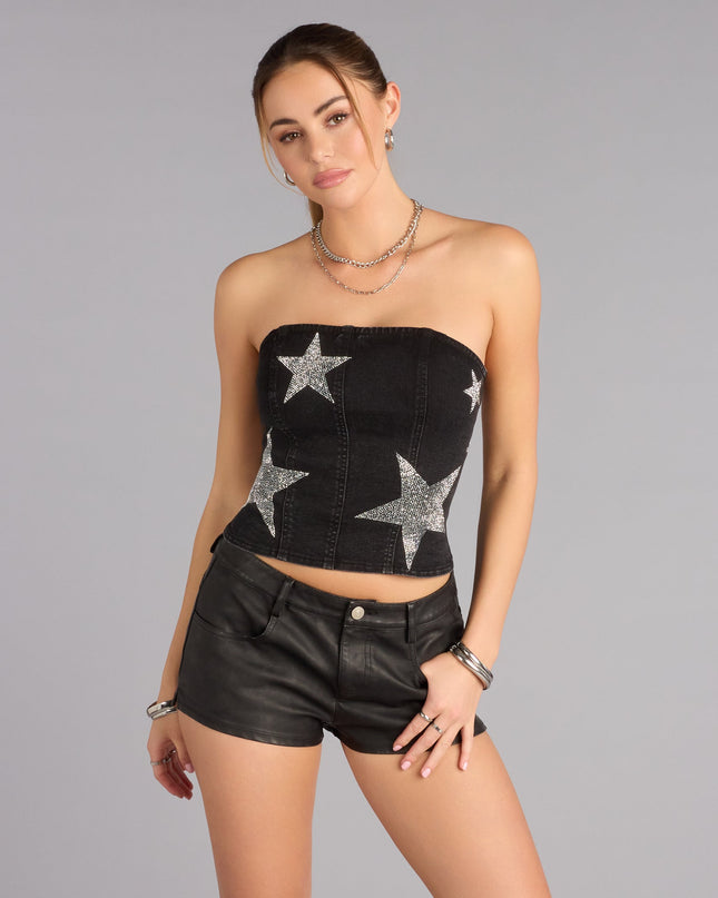 Nightfall Star Rhinestone Lace-Up Denim Top