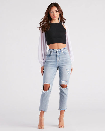 Sheer Mesh Blouson Sleeve Bolero, a trendy white addition to women's going-out outfits, is ideal for party attire, chic concert outfits, or night-out looks that keep you on-trend!