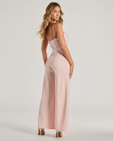 Style the Bare Necessities Floral Applique Corset Jumpsuit, a versatile outfit in a blush hue designed for effortless, throw-on-and-go styling.