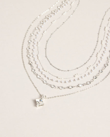 Polished Stack Pearl And Rhinestone Layered Necklace Set