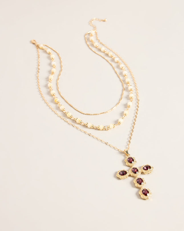 Divine Detail Layered Gemstone Cross Necklace