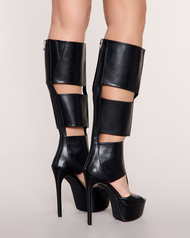 High Drama Faux Leather Cutout Platform Heels