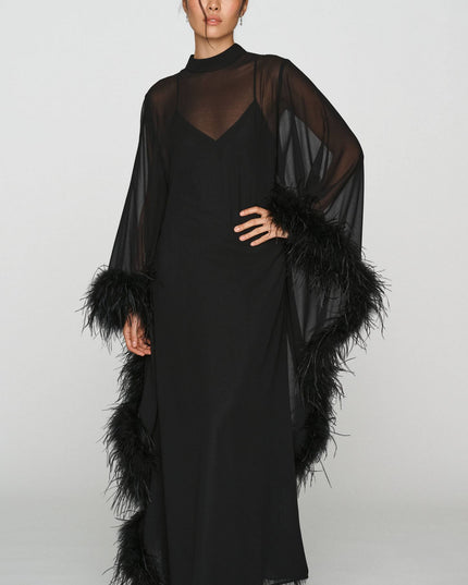 fp2-color:001|Hutch Feathered Women's Satin Kaftan Maxi Dress — Black — 1