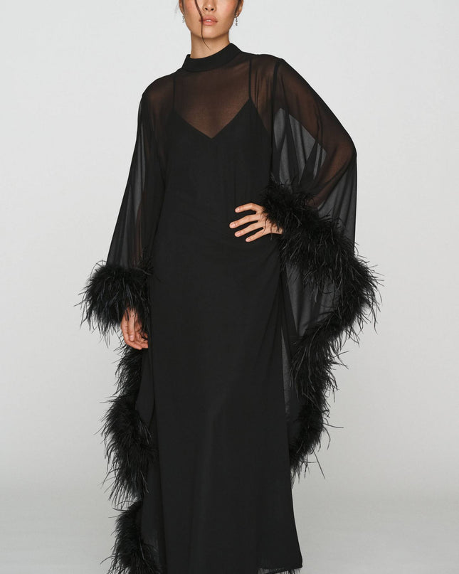 fp2-color:001|Hutch Feathered Women's Satin Kaftan Maxi Dress — Black — 1