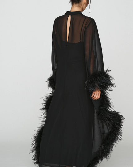 fp2-color:001|Hutch Feathered Women's Satin Kaftan Maxi Dress — Black — 2
