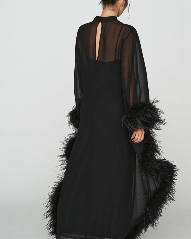 fp2-color:001|Hutch Feathered Women's Satin Kaftan Maxi Dress — Black — 2