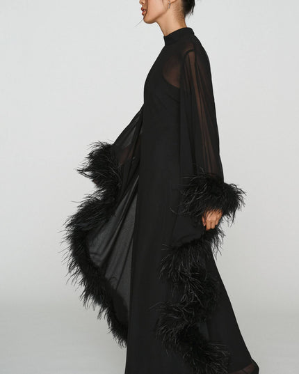 fp2-color:001|Hutch Feathered Women's Satin Kaftan Maxi Dress — Black — 4