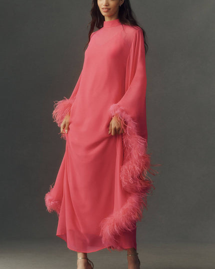 fp2-color:085|Hutch Feathered Women's Satin Kaftan Maxi Dress — Coral — 1