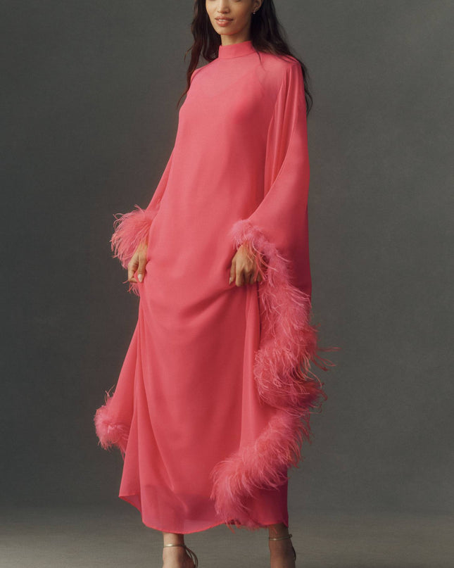 fp2-color:085|Hutch Feathered Women's Satin Kaftan Maxi Dress — Coral — 1