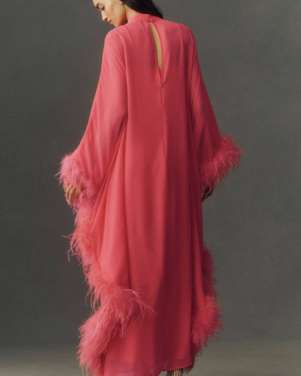 fp2-color:085|Hutch Feathered Women's Satin Kaftan Maxi Dress — Coral — 2