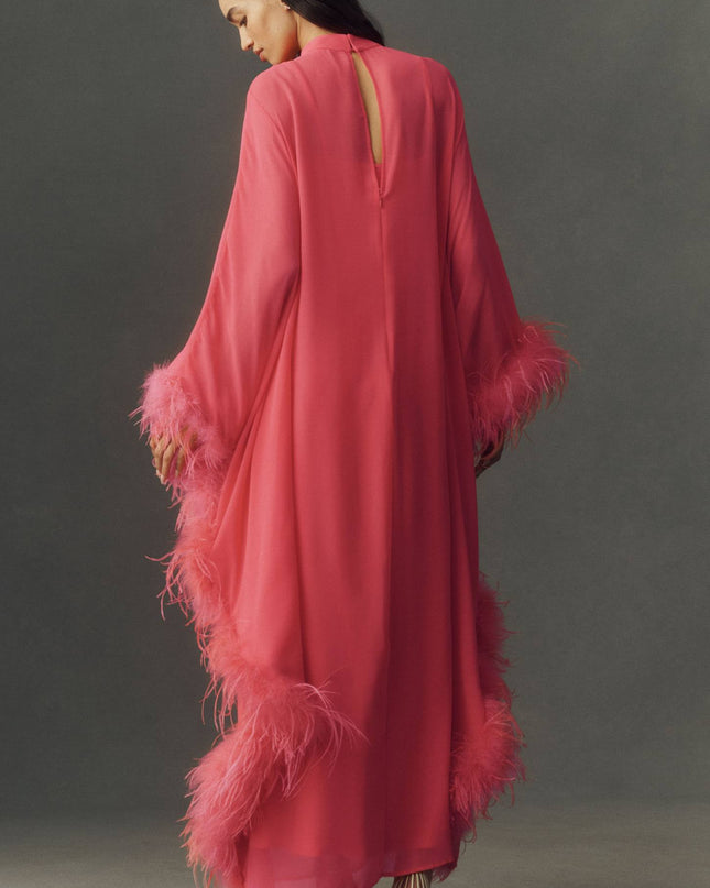 fp2-color:085|Hutch Feathered Women's Satin Kaftan Maxi Dress — Coral — 2