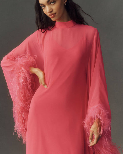 fp2-color:085|Hutch Feathered Women's Satin Kaftan Maxi Dress — Coral — 3