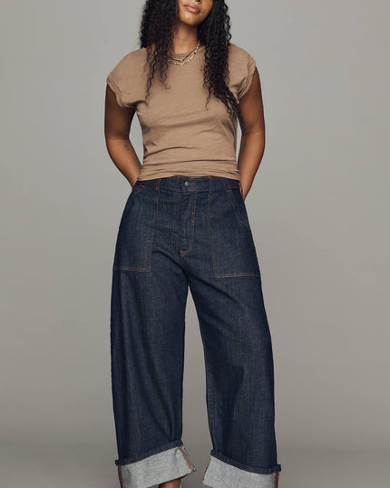 fp2-color:091|Pilcro Kayden Women's High-Rise Carpenter Barrel Jeans — Dark Denim — 7