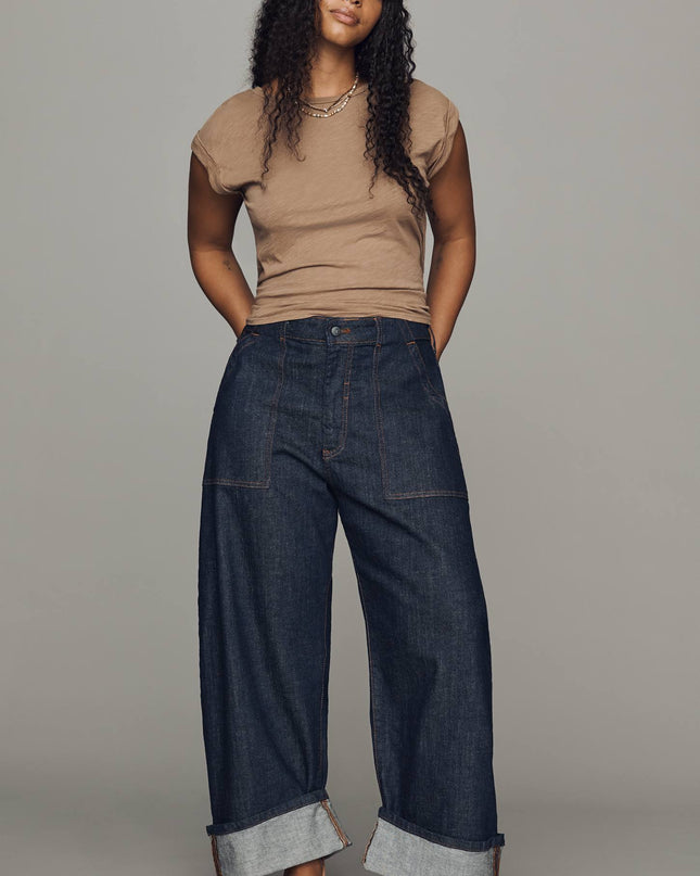 fp2-color:091|Pilcro Kayden Women's High-Rise Carpenter Barrel Jeans — Dark Denim — 7