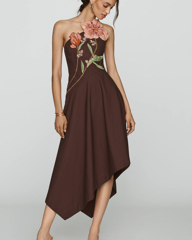 fp2-color:029|Yukiko Noritake Women's Asymmetric Floral Midi Dress — Brown Pattern — 1
