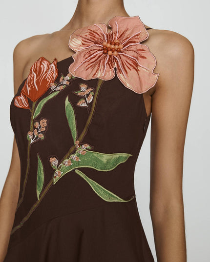 fp2-color:029|Yukiko Noritake Women's Asymmetric Floral Midi Dress — Brown Pattern — 2