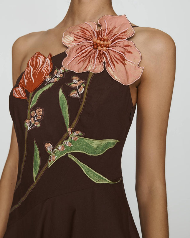 fp2-color:029|Yukiko Noritake Women's Asymmetric Floral Midi Dress — Brown Pattern — 2